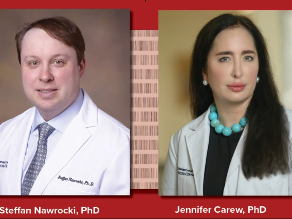 Two researchers in lab coats are in separate portraits side-by-side. The person on the left has dark, short hair parted to the side and the person on the right has long, straight dark hair and turquoise beaded necklace.