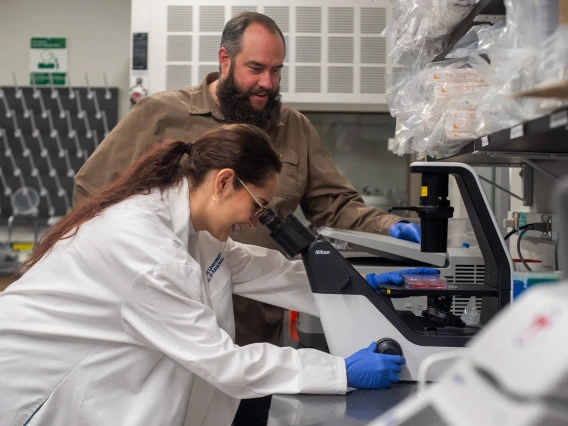 A person in a lab coat with long brown hair in a ponytail and blue latex gloves looks into a microscope. Another person with a beard and brown button down shirt watches from the side.