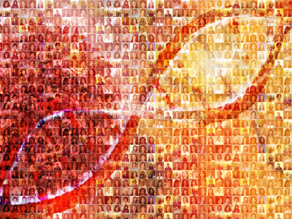 A mosaic of all women cancer center members patterned under a DNA helix and cancer cell.