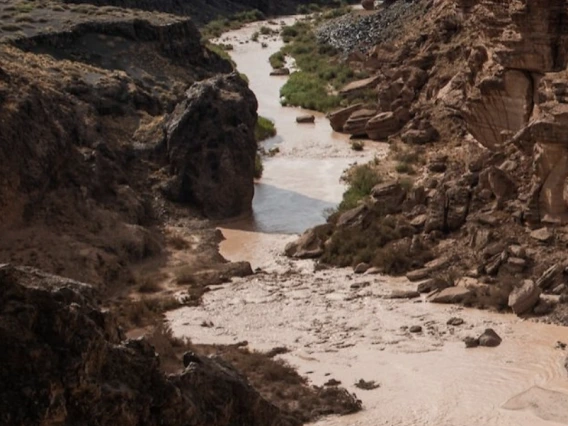 A brown stream rushes through a muddy path with a small patch of green grass.