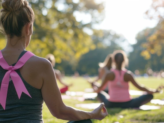 People take an outdoor yoga class