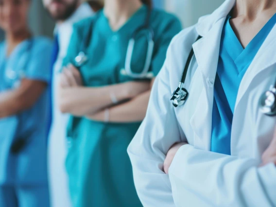 healthcare workers with their arms crossed.