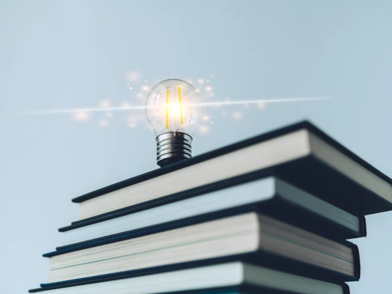 Stack of books with a lightbulb on top.