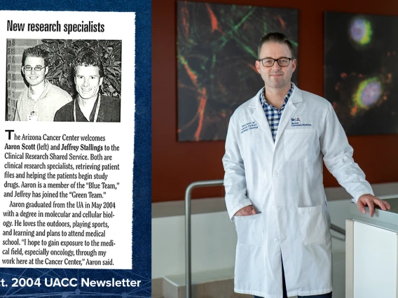 2004 newsletter clipping next to present day photo of Dr. Scott