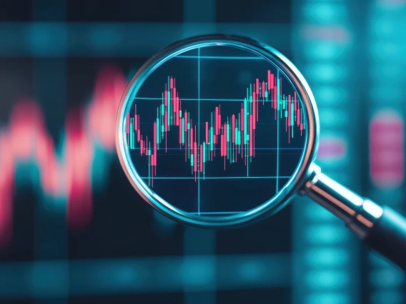 magnifying class with analytics behind.