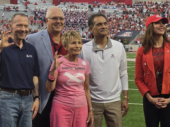 Left to right: U of A Comprehensive Cancer Center Director, Dan Theodorescu; U of A Foundation President and CEO, JP Roczniak; U of A President, Suresh Garimella; and U of A Athletics Vice President and Director, Desiree Reed-Francois.