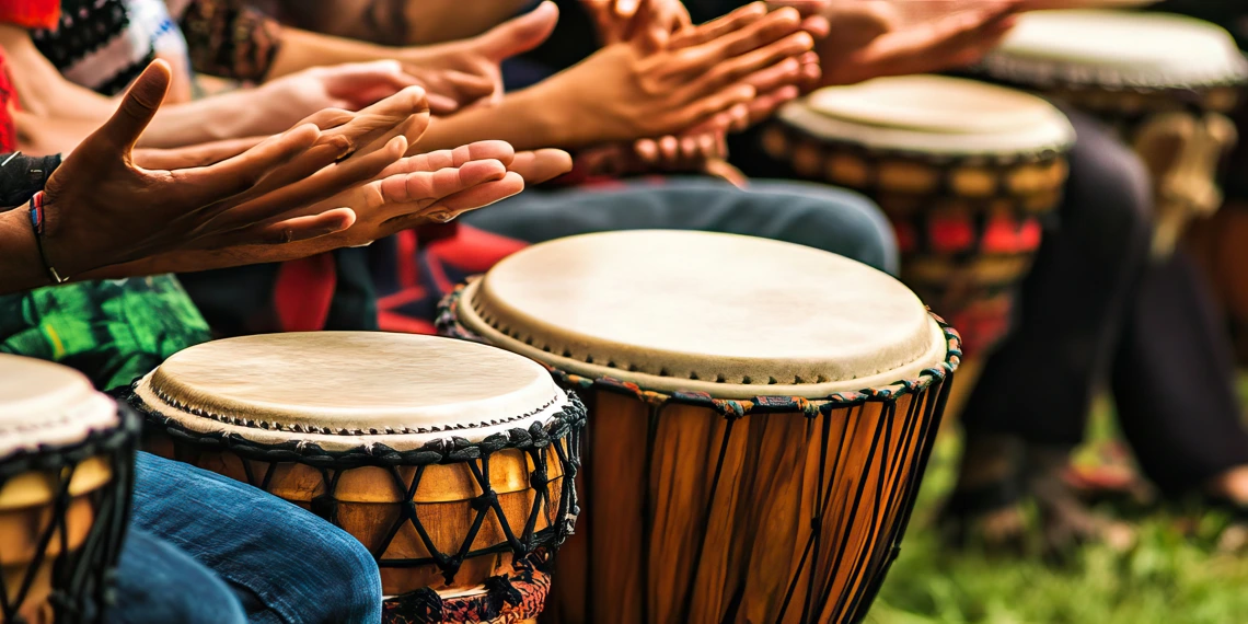 A group of people playing drums outdoors.