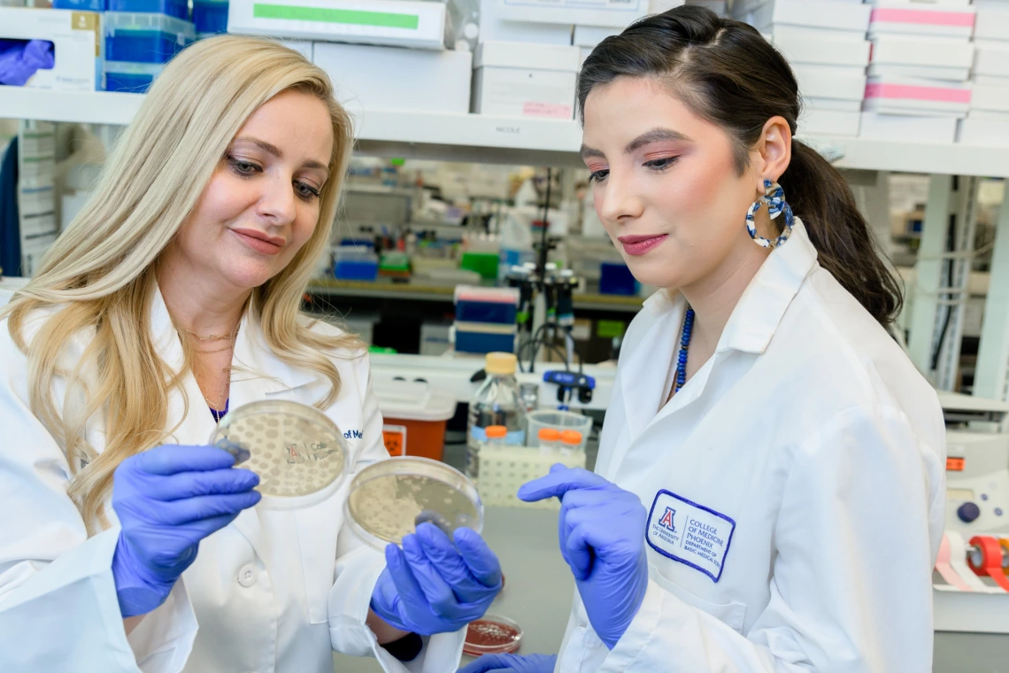 Two people examine a petri dish.