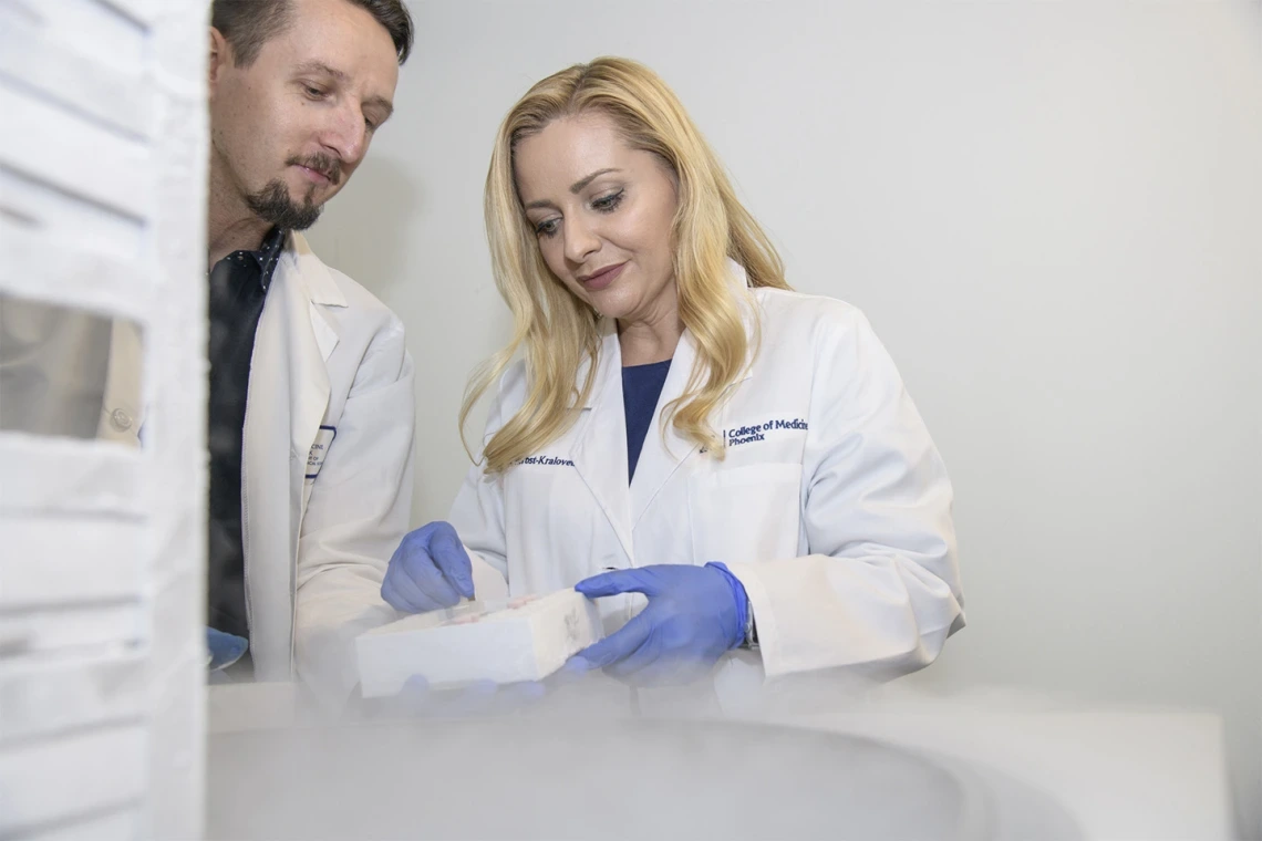 Two scientists examine a bacteria sample in a tray.