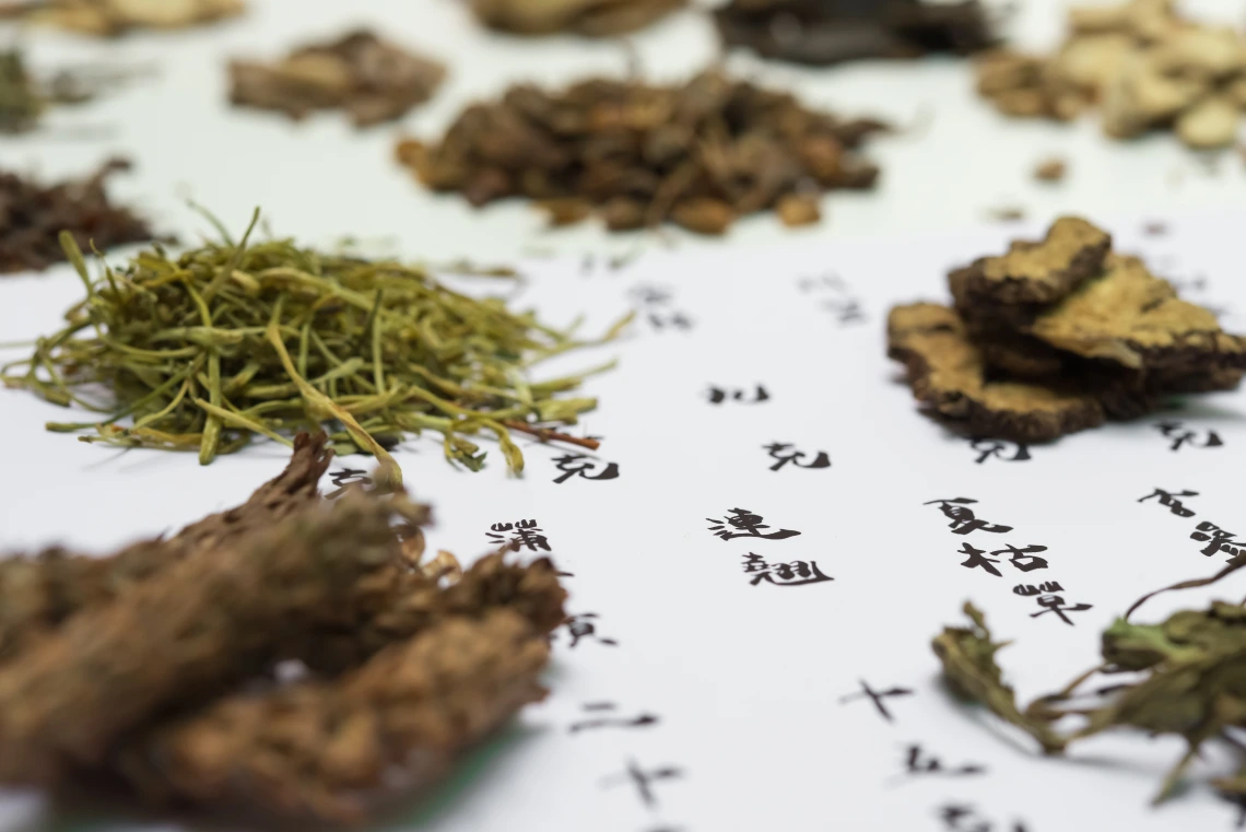 Chinese medicinal herbs on a paper with Chinese writing.
