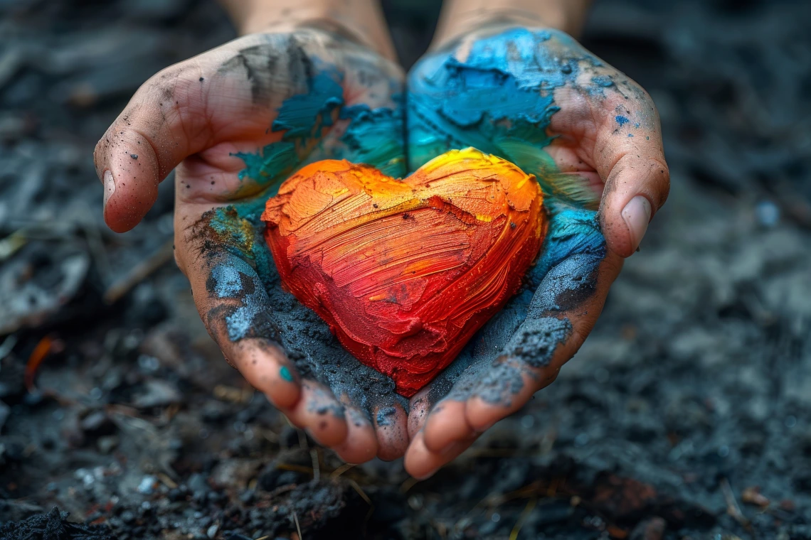 two hands with paint on them cupping a clay heart.