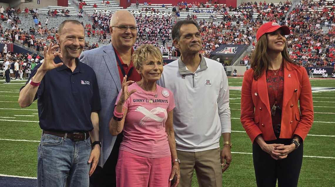 Left to right: U of A Comprehensive Cancer Center Director, Dan Theodorescu; U of A Foundation President and CEO, JP Roczniak; U of A President, Suresh Garimella; and U of A Athletics Vice President and Director, Desiree Reed-Francois.