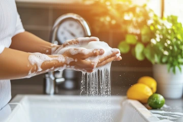 A person washing their hands with soap in a kitchen.