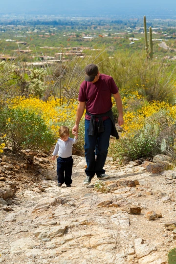 A person holds a child's hand while walking uphill in a desert environment.
