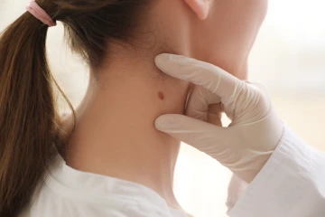 A patient gets a skin screening.