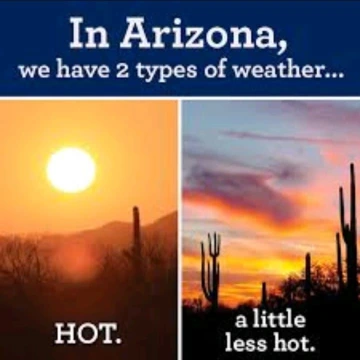 Photo that says, In Arizona we have two types of weather .. HOT and a little less hot.
