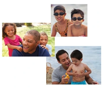 Three photos of children playing with their parents outside.