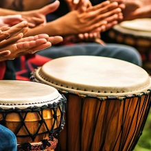 A group of people playing drums outdoors.