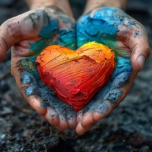 two hands with paint on them cupping a clay heart.