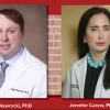 Two researchers in lab coats are in separate portraits side-by-side. The person on the left has dark, short hair parted to the side and the person on the right has long, straight dark hair and turquoise beaded necklace.