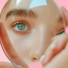 a person with green eyes looks in a mirror.