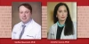 Two researchers in lab coats are in separate portraits side-by-side. The person on the left has dark, short hair parted to the side and the person on the right has long, straight dark hair and turquoise beaded necklace.